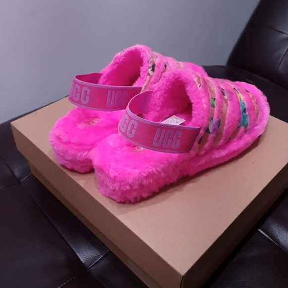 Ugg Fluff Yeah Tiger Flower Bright Pink Slingback Slip-on Slipper Womens US 11 - Picture 4 of 16